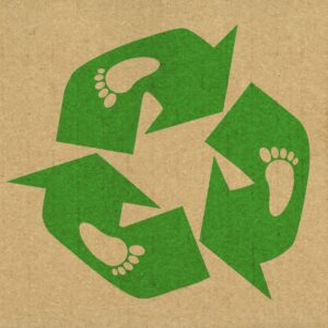 recycling logo with footprints to represent carbon footprint